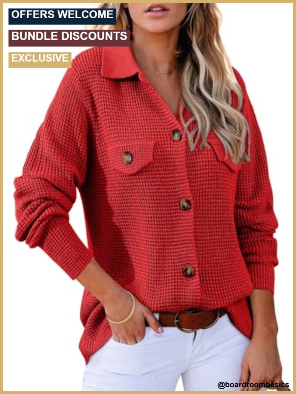 Womens Waffle Knit Shacket Long Sleeve Cardigan Button Down Blouse